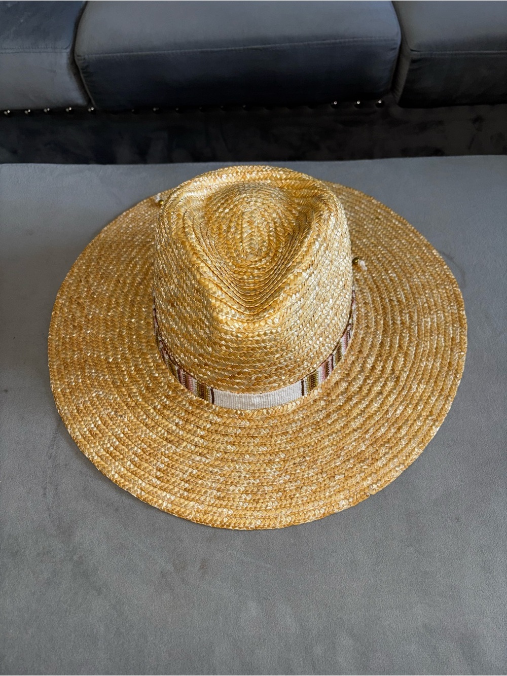 Straw Sun Hat with Patterned Band - Gold